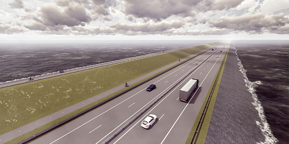 Artist Impression van de versterkte Afsluitdijk met het nieuwe wegprofiel van de A7. 